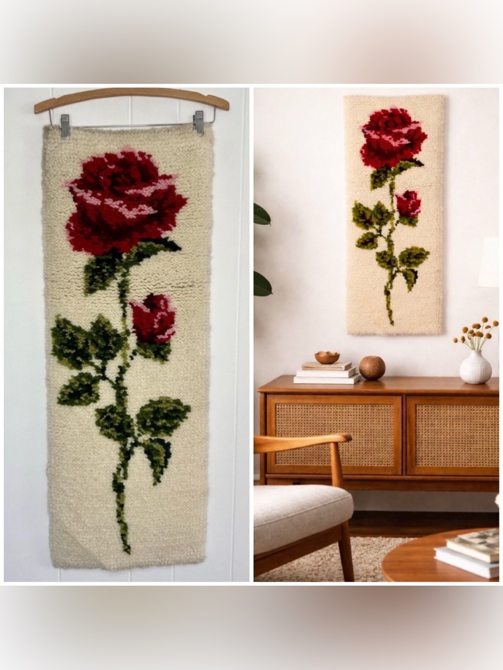 🌹Vintage Shillcraft Rose Weave Handmade Wall Hanging Mid Century Modern Rug Art